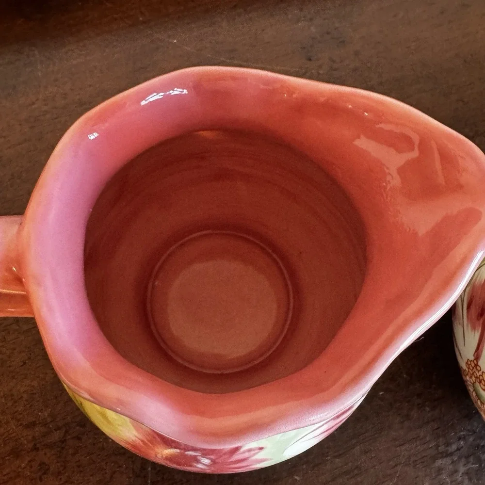 April Cornell Ceramic Sugar Creamer Green Pink Butterfly Lidded Sugar Bowl Set